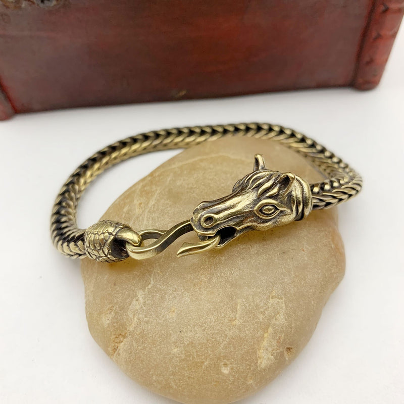 Bracelete de Corrente em Latão Puro com Cavalo Vintage
