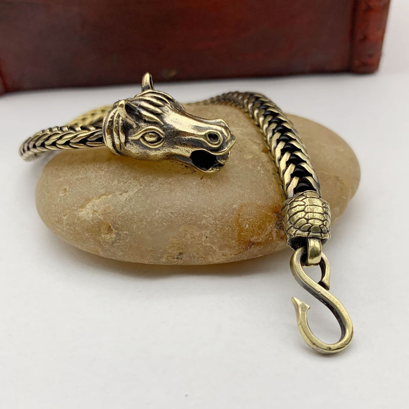 Bracelete de Corrente em Latão Puro com Cavalo Vintage
