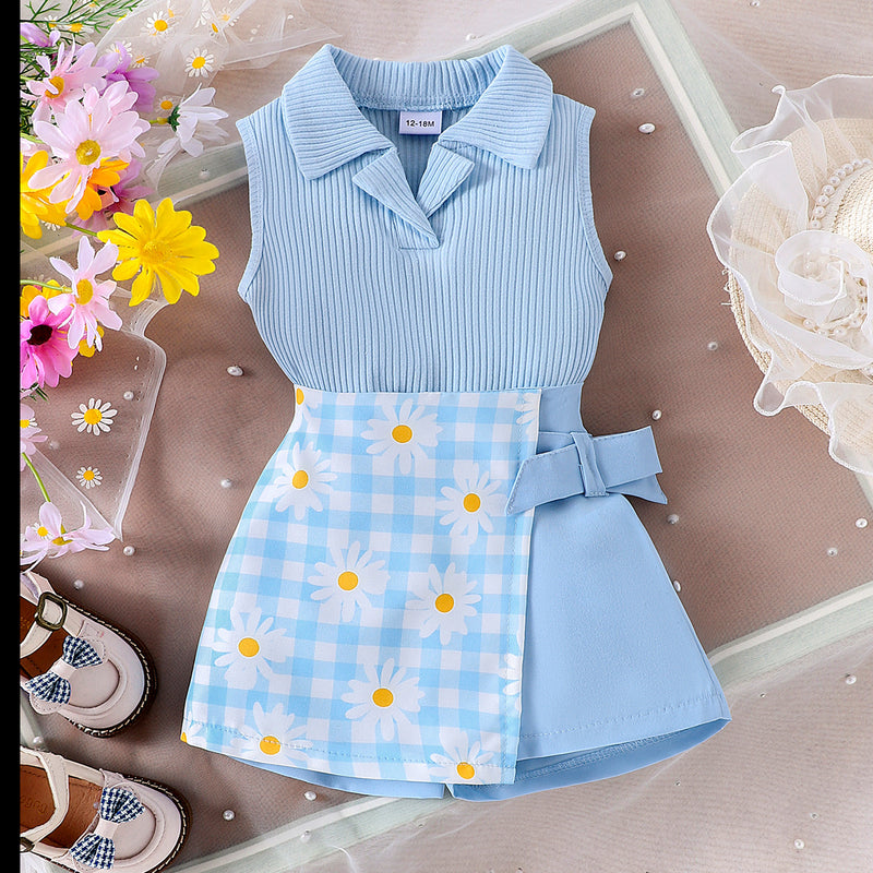 Girls' Fashion Plaid Stitching Shorts Suit