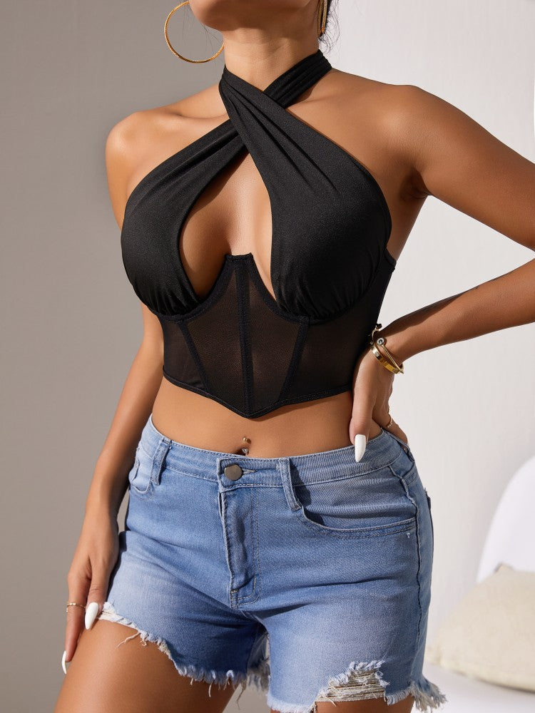 Top Stitching Mesh Transparenter Cross-Neck Neckholder-BH mit Fischgrätmuster
