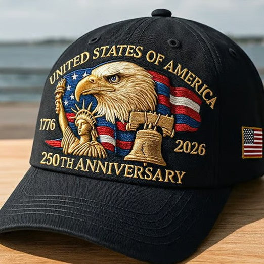 Bestickte Baseballkappe mit Adlerkopf – Gedenkdesign zum 250. Jubiläum Amerikas – Verstellbare Snapback-Mütze aus Baumwollmischgewebe für Damen und Herren