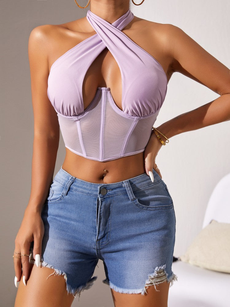 Top Stitching Mesh Transparenter Cross-Neck Neckholder-BH mit Fischgrätmuster