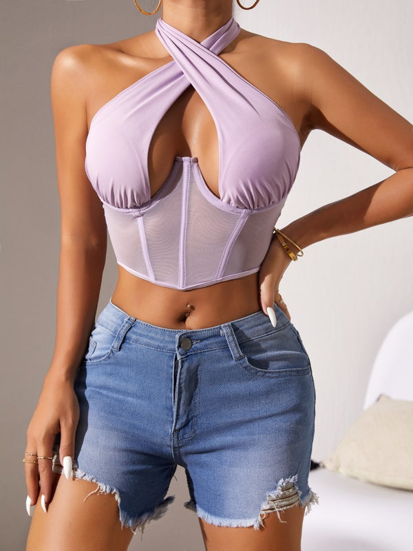 Top Stitching Mesh Transparenter Cross-Neck Neckholder-BH mit Fischgrätmuster