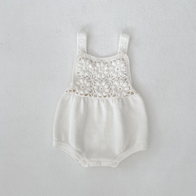 Baby Sweater Romper Solid Color Flower Cutout Strap Knitted Romper Hat