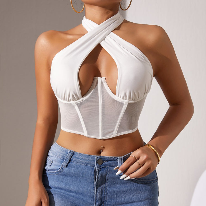 Top Stitching Mesh Transparenter Cross-Neck Neckholder-BH mit Fischgrätmuster
