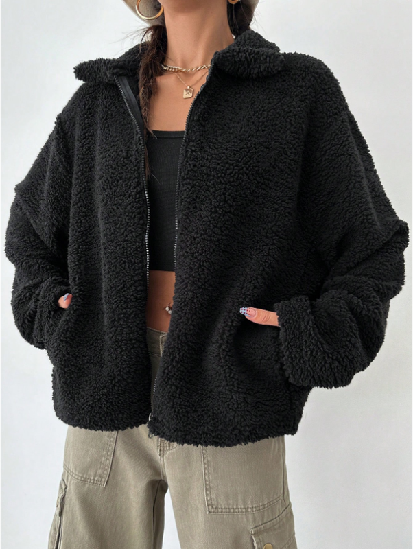 Damen Teddyfleece-Jacke mit überschnittenen Schultern und regulärer Passform