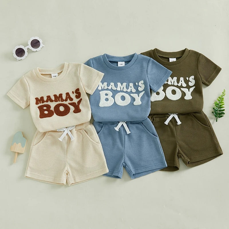 Waffle Towel Embroidery Short Sleeve Shorts Suit