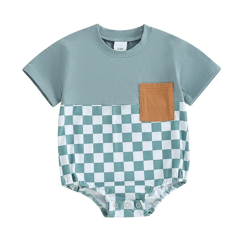 Baby-Sommer-Jumpsuit Waffel-Patchwork-Tasche Kurzarm