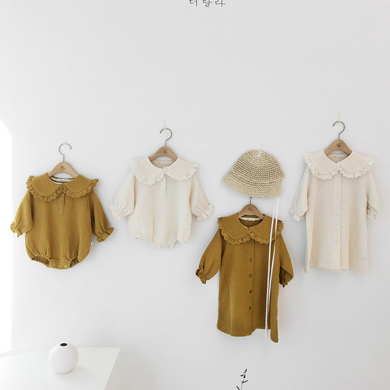 Vestido Mori Feminino Estilo Princesa com Colarinho de Folha de Lótus e Romper Longo de Cor Sólida