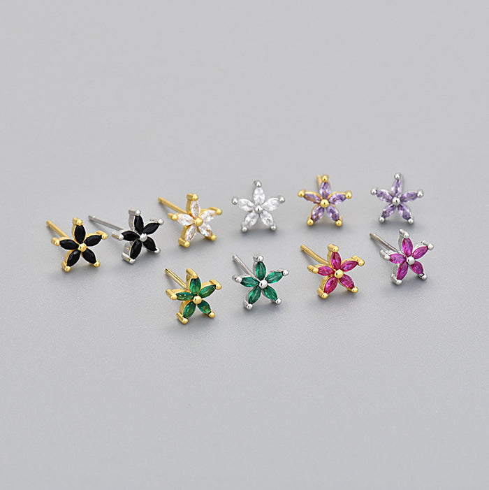 Colored Diamond Five-petal Flower Horse-eye Stone Stud Earrings