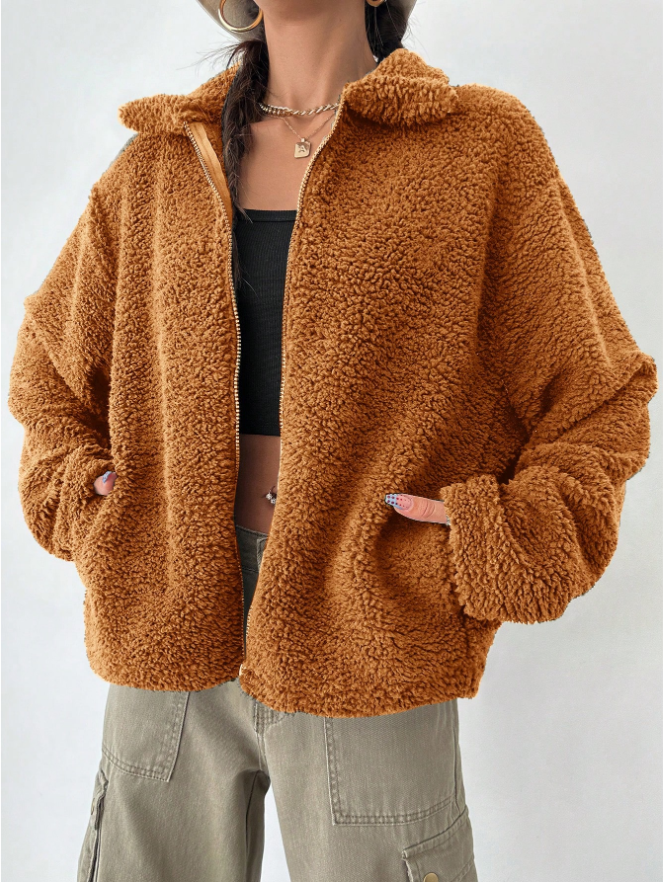 Damen Teddyfleece-Jacke mit überschnittenen Schultern und regulärer Passform