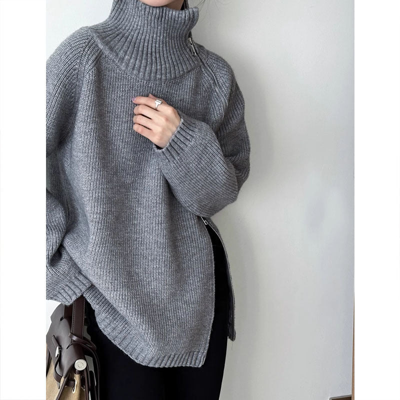 Women's Zip Turtleneck Sweater Fashionable Loose Sweater