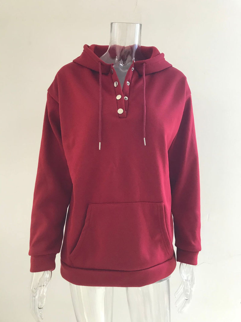 Long-sleeved Hooded Sweatshirt With Pockets Fashion Casual Button Drawstring Design Hoodie Top Spring And Autumn Sports Clothing For Women