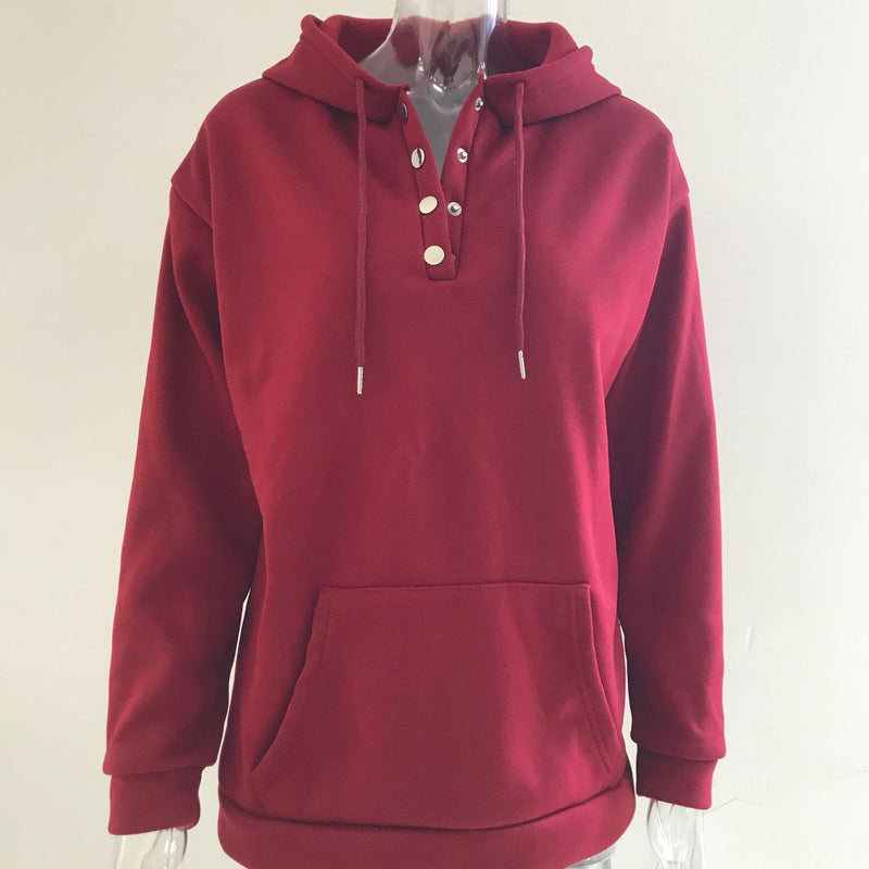 Long-sleeved Hooded Sweatshirt With Pockets Fashion Casual Button Drawstring Design Hoodie Top Spring And Autumn Sports Clothing For Women