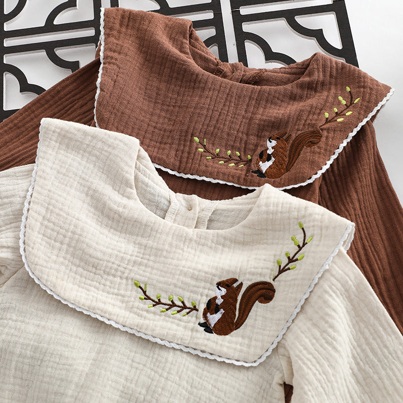 Girls' Baby Cotton Lapel Deer Embroidered One-piece Romper