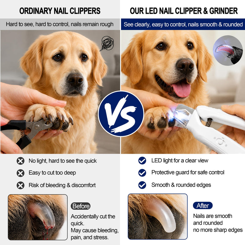 2-in-1 Dog Nail Clippers With Light - Electric Pet Nail Grinder Quiet For Small Large Dogs & Cats, LED Prevent Over Cutting, USB-C Rechargeable Safety Guard Grooming Kit For Black Nails