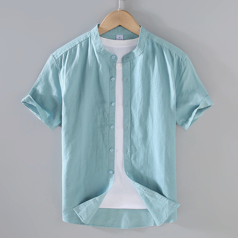 Solid-color Linen Shirt Mens Short-sleeve Casual Top