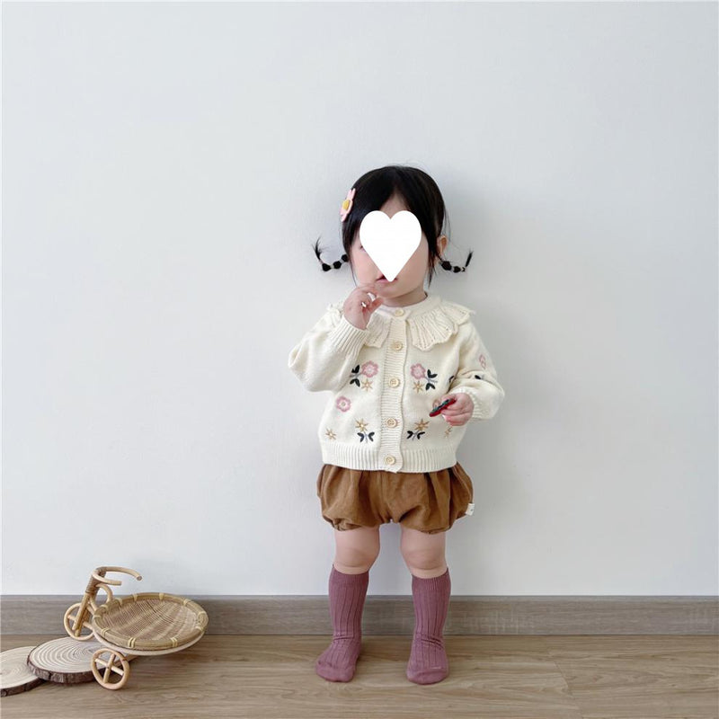 Children's Flower Embroidered Lotus Collar Knitted Warm Long Sleeve Cardigan Jacket