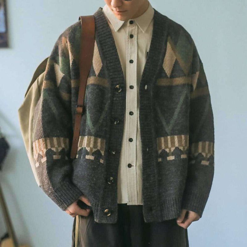 Rhombus Contrast Jacquard Line Casual Loose Sweater