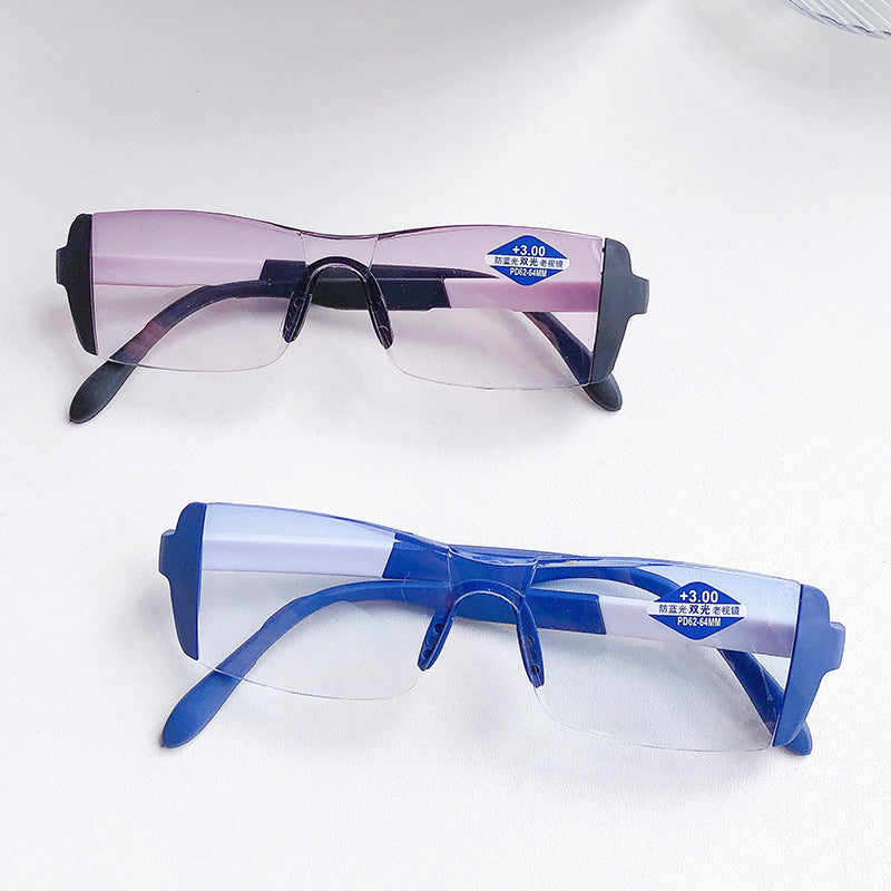 Óculos para presbiopia de luz dupla sem moldura com aro de diamante fashion anti-azul