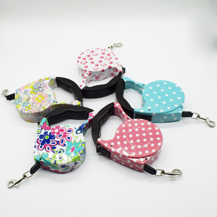 Wholesale pet products automatic retractable traction rope 5 meters black handle printing walking dog rope small and medium dog traction belt