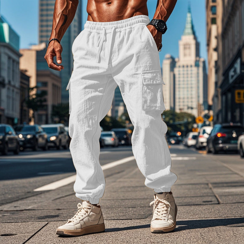 Men's Cotton And Linen Trousers With Multiple Pockets