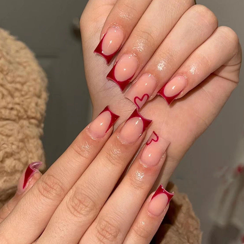 Unhas postiças quadradas europeias com design francês simples em vinho tinto