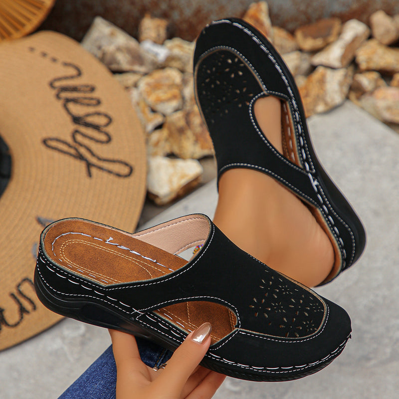 Womens Closed-toe Leather Platform Hollow-out Slides For Outdoor Wear