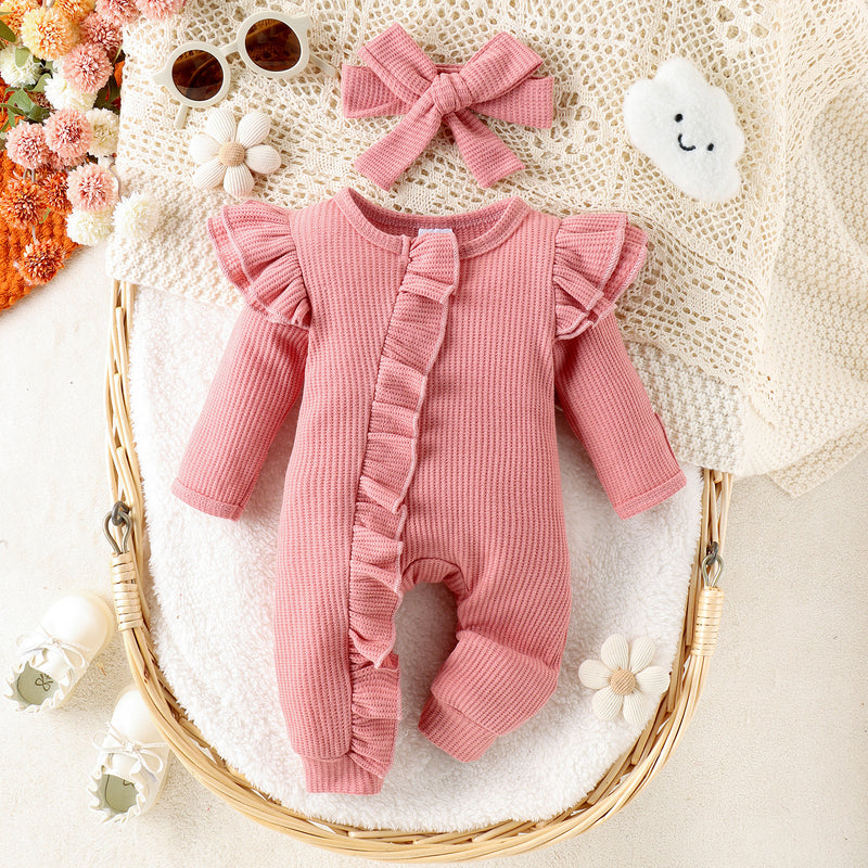 Baby's Simple Multi-color Flounced Sleeve Waffle Jumpsuit