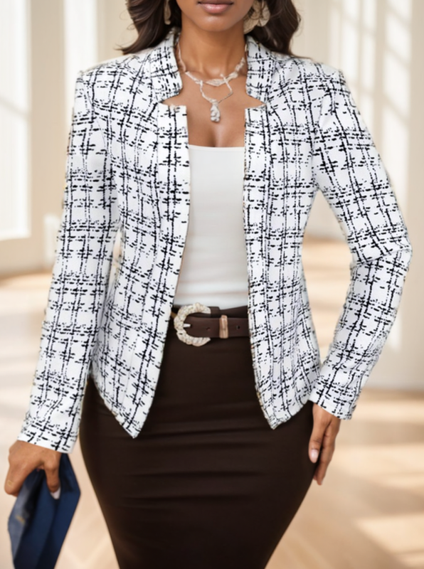 Elegante Damen-Blazerjacke mit Karomuster und offenem Vorderteil