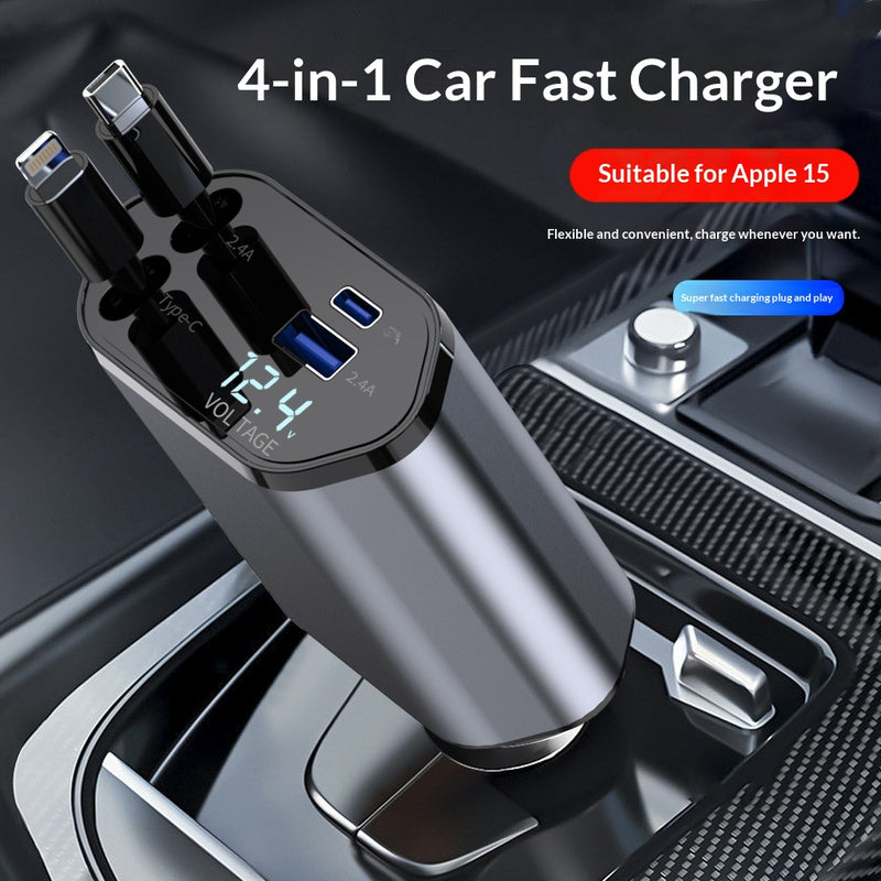 4-in-1 einziehbares Auto-Ladegerät, schnelles 120-W-Auto-Handy-Ladegerät mit USB-C-Kabel