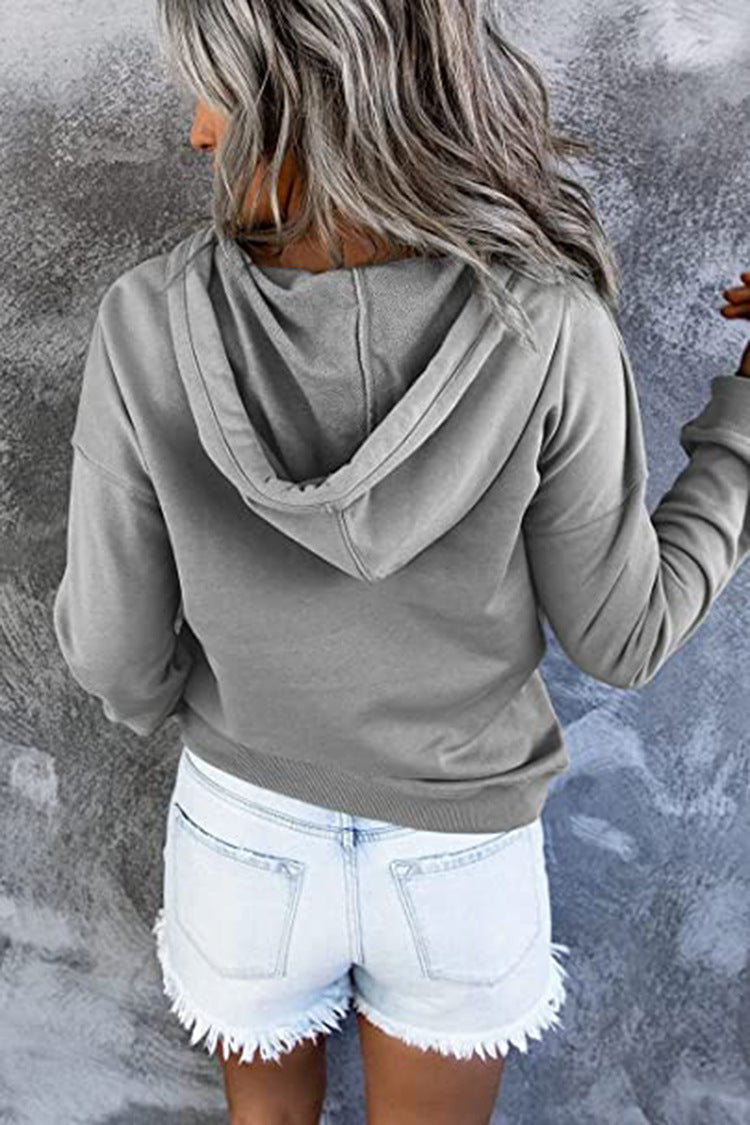 Long-sleeved Hooded Sweatshirt With Pockets Fashion Casual Button Drawstring Design Hoodie Top Spring And Autumn Sports Clothing For Women