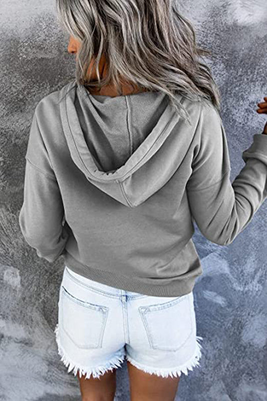 Long-sleeved Hooded Sweatshirt With Pockets Fashion Casual Button Drawstring Design Hoodie Top Spring And Autumn Sports Clothing For Women