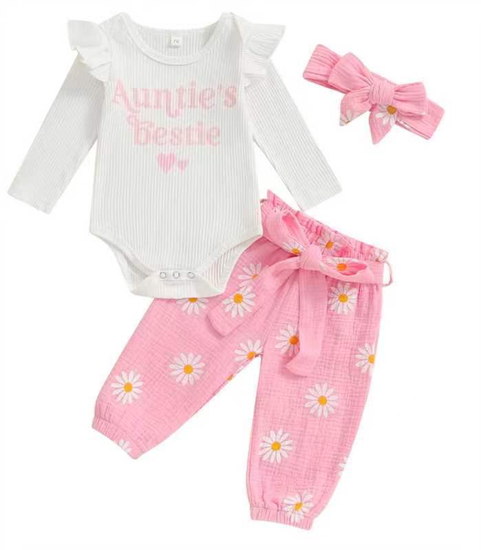 Ruffled Long-sleeve Bodysuit Paired With Matching Pants And A Bow Hair Accessory