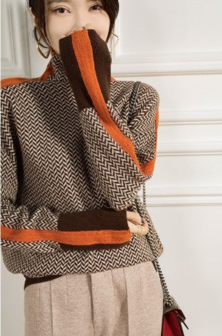 Lockerer Rollkragenpullover mit Kontrastärmeln in Wolloptik für Damen, Herbst und Winter