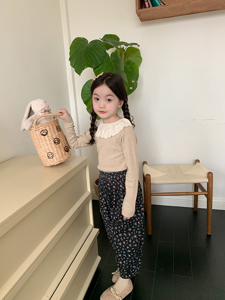 Girls' Soft Cashmere Sunken Stripe Lace Collar Bottoming Shirt
