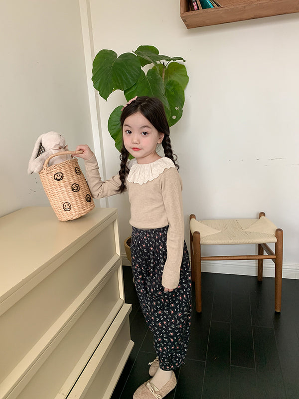 Girls' Soft Cashmere Sunken Stripe Lace Collar Bottoming Shirt