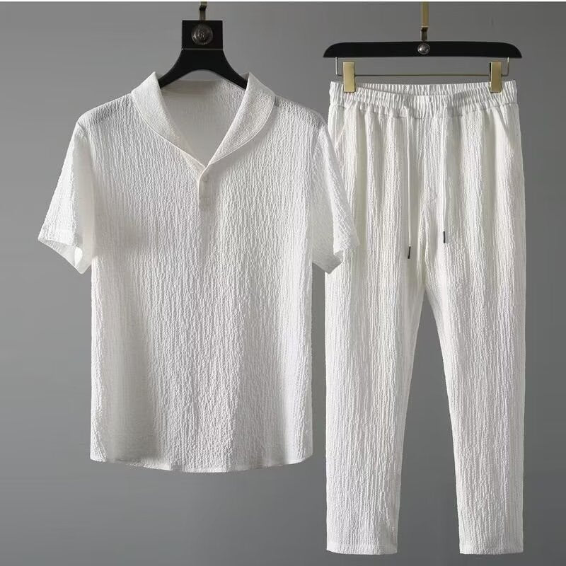 Summer Linen Ice Silk Suit Men's Loose Lapel Casual Sports Youth Trendy Brand Short-sleeved Trousers Two-piece Suit Thin Style
