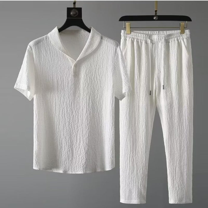 Summer Linen Ice Silk Suit Men's Loose Lapel Casual Sports Youth Trendy Brand Short-sleeved Trousers Two-piece Suit Thin Style