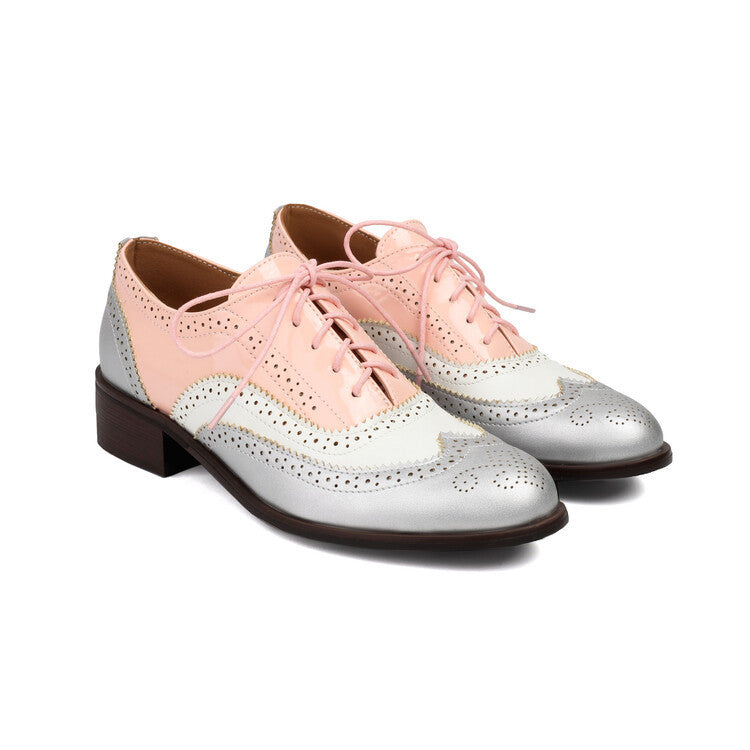Color Matching Pumps Round Head Shallow Mouth Front Lace-up Women's Chunky Heels