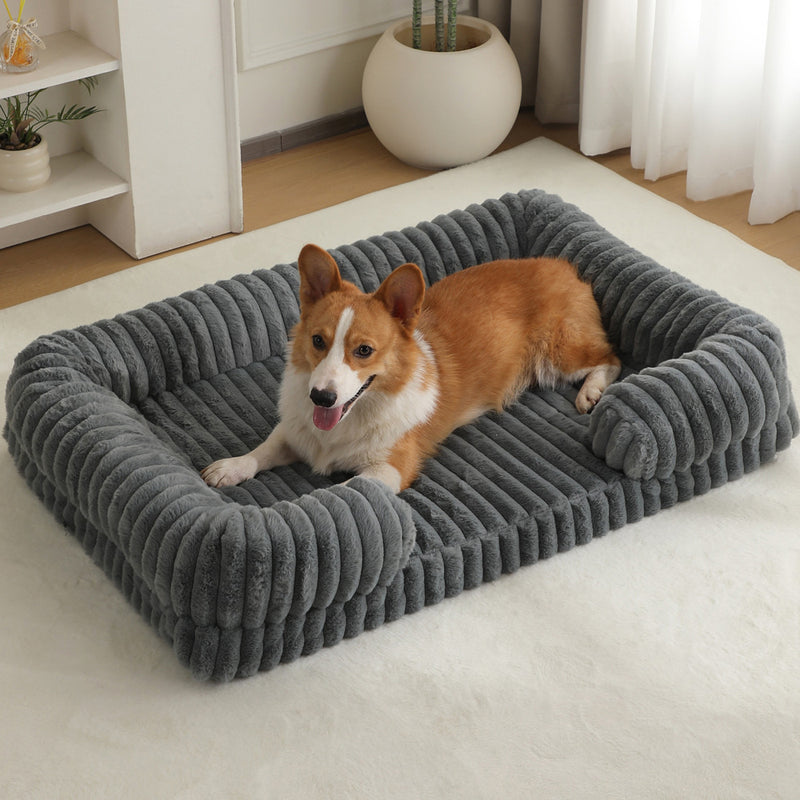 Bolster Dog Bed,Washable Thick Striped Plush Calming Dog Sofa Bed, Non-Slip Indoor Joint Relief Pet Bed For Small, Medium, And Large Breeds