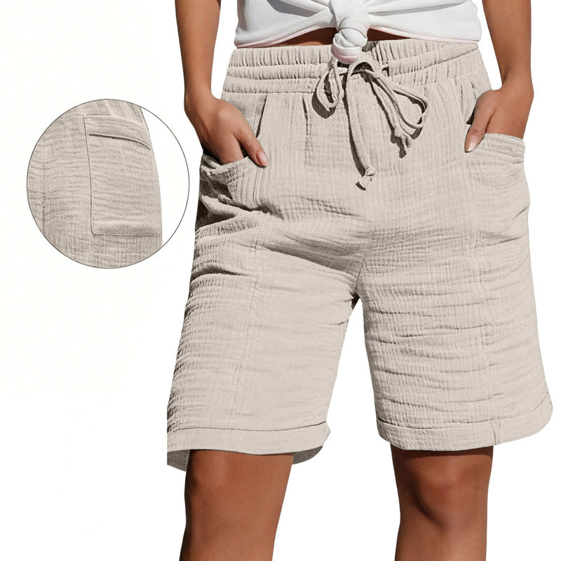 Womens Lace-up Pocketed Double-layered Pleated Capri Shorts