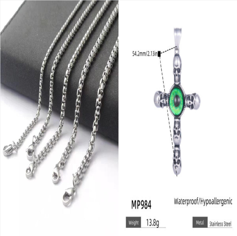Stainless Steel Cross Skull Green Eye Pendant