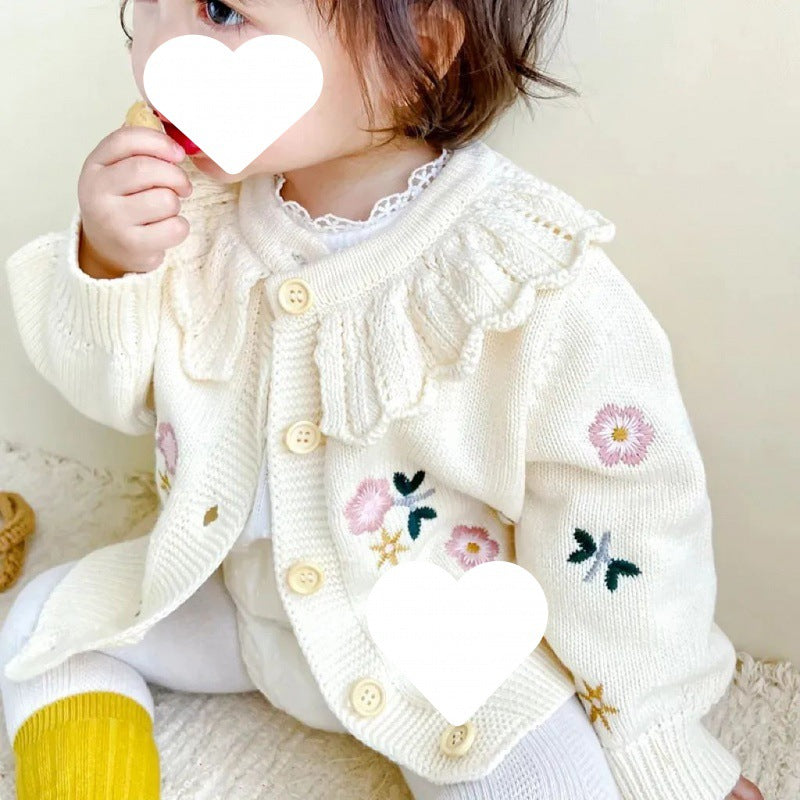 Children's Flower Embroidered Lotus Collar Knitted Warm Long Sleeve Cardigan Jacket