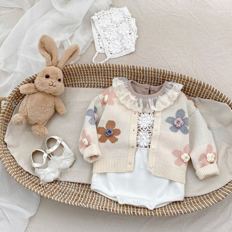 Baby Sweater Romper Solid Color Flower Cutout Strap Knitted Romper Hat