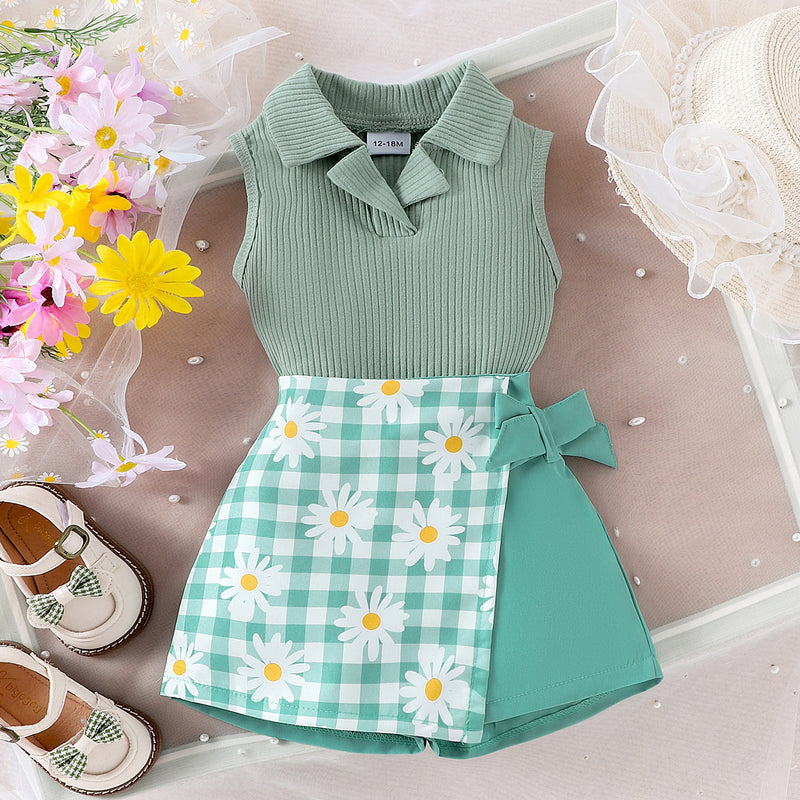 Girls' Fashion Plaid Stitching Shorts Suit