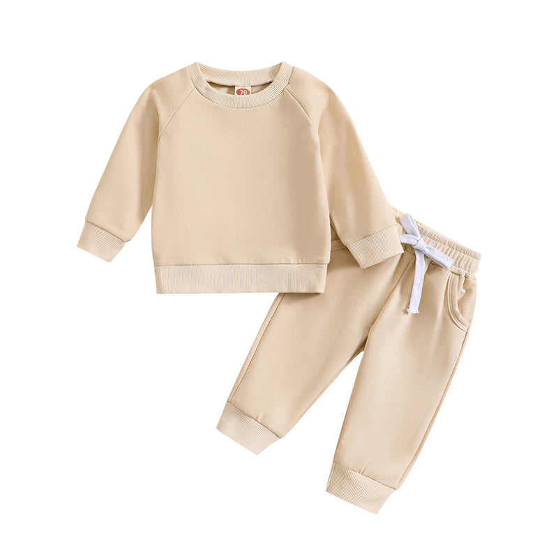 Conjunto de camisola de gola redonda e calças de cor lisa para menino