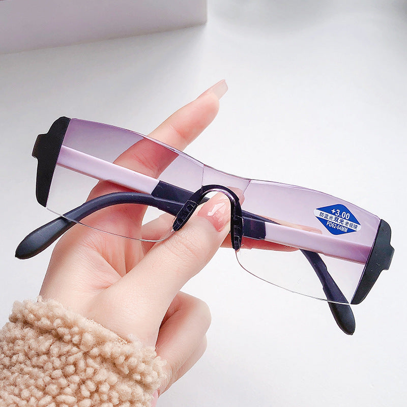 Óculos para presbiopia de luz dupla sem moldura com aro de diamante fashion anti-azul