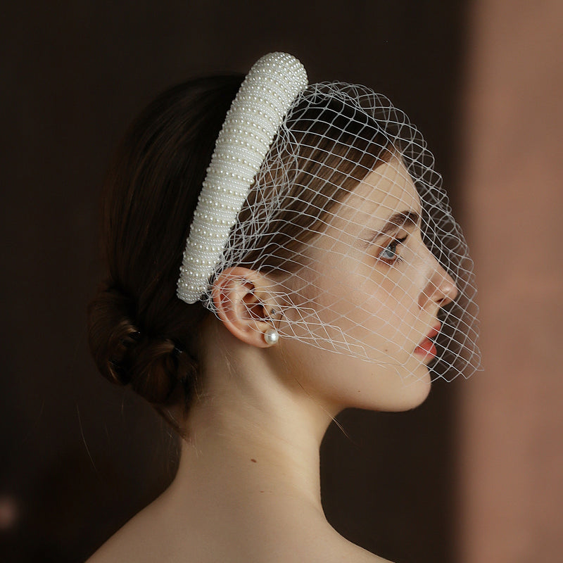 Französischer Brautschleier im Hepburn-Stil, weiß, Vintage, Perlen, grobmaschig, Netz, Stirnband