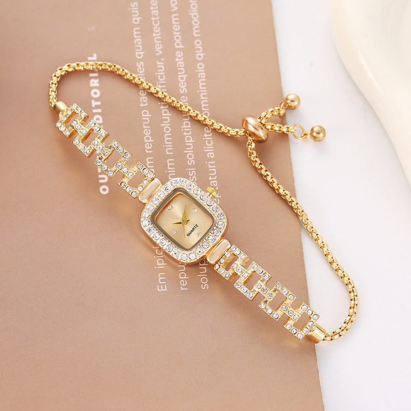 Diamond-encrusted Retractable Bracelet Gold Quartz Watch